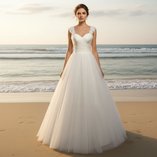 Elegant A Line Tulle Classic Wedding Dress with Flowers on Shoulder