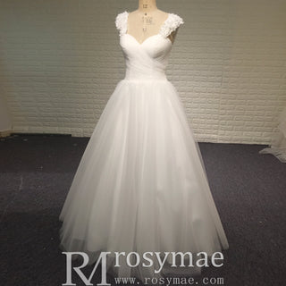 Elegant A Line Tulle Wedding Dress with Flowers on Shoulder