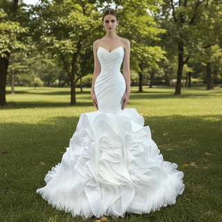 Ruched Strapless Vneck Mermaid Wedding Dress with Ruffle Skirt