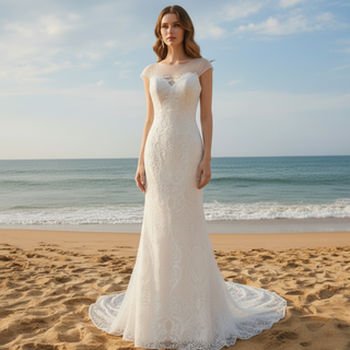 Robe de mariée sirène à manches courtes et décolleté en cœur transparent