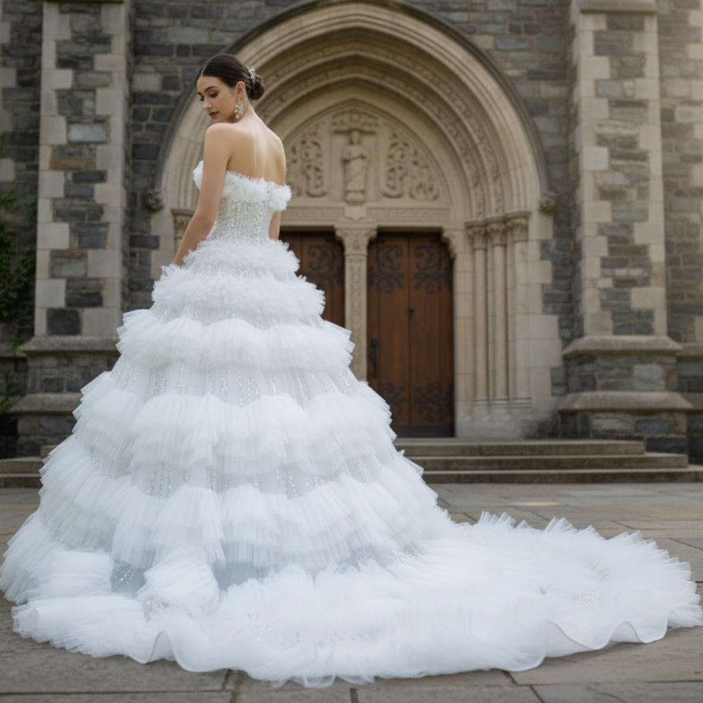 Elegant Strapless Big Skirt Ball Gown Sparkly Wedding Dress White / 10 Elegant Strapless Big Skirt Ball Gown Sparkly Wedding Dress White / 10