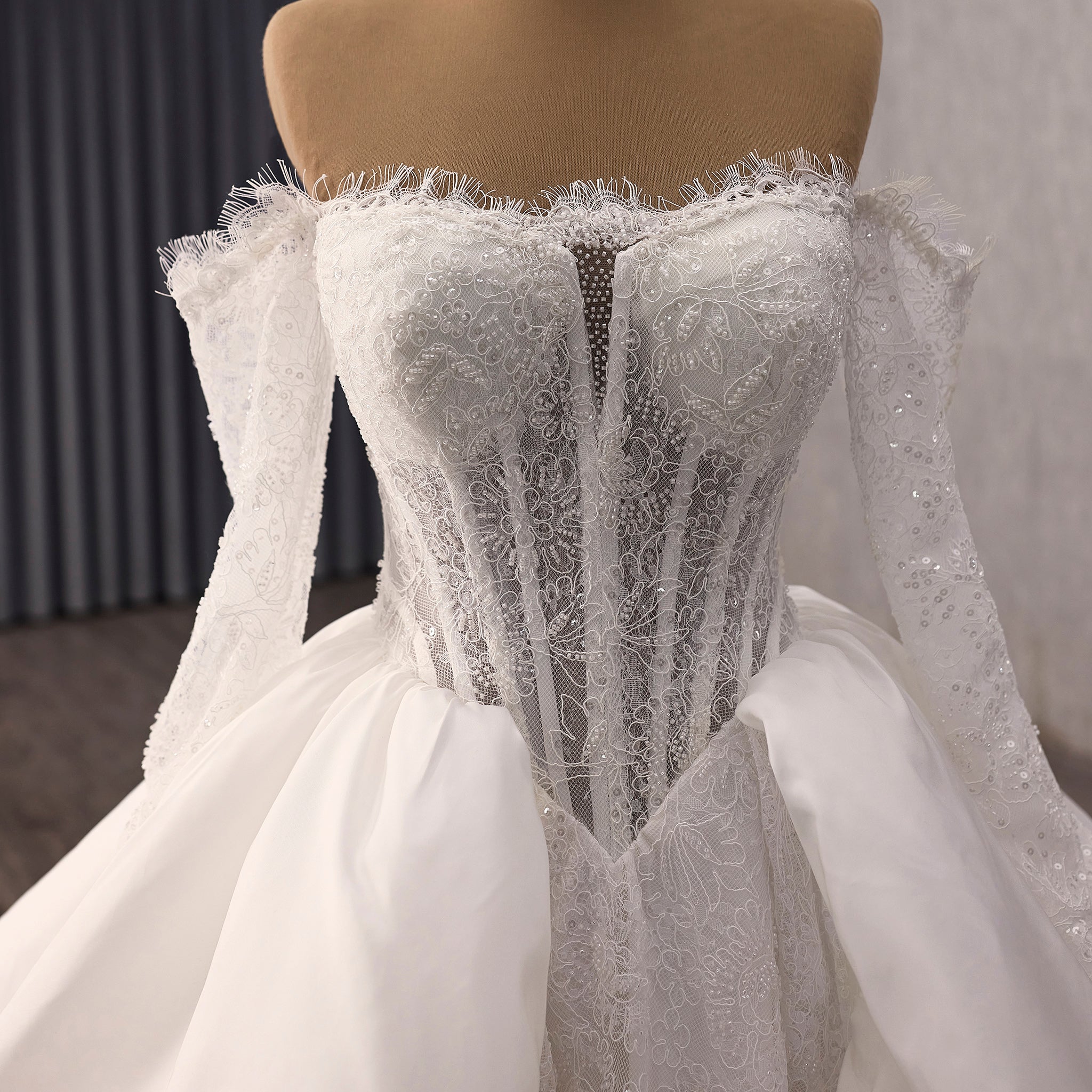 Off Shoulder Ball Gown Wedding Dress with Overskirt & Beaded Corset Bodice White / 16W Off Shoulder Ball Gown Wedding Dress with Overskirt & Beaded Corset Bodice White / 16W
