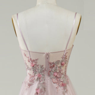 Blush Pink A-Line Wedding Dress with with 3D Fabric Flower Petals & Micro-Beading