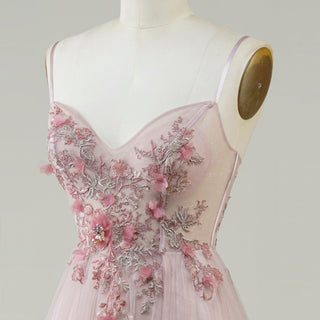Blush Pink A-Line Wedding Dress with with 3D Fabric Flower Petals & Micro-Beading
