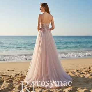 Blush Pink A-Line Wedding Dress with with 3D Fabric Flower Petals & Micro-Beading