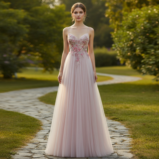Blush Pink A-Line Wedding Dress with with 3D Fabric Flower Petals & Micro-Beading