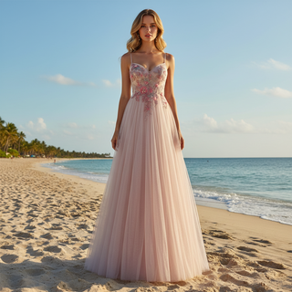 Blush Pink A-Line Wedding Dress with with 3D Fabric Flower Petals & Micro-Beading