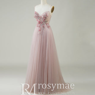 Blush Pink A-Line Wedding Dress with with 3D Fabric Flower Petals & Micro-Beading