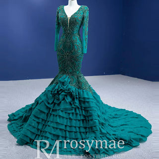 High-end Hunter Green Cascading Ruffles Prom Dress Long Sleeve