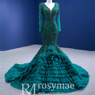 High-end Hunter Green Cascading Ruffles Prom Dress Long Sleeve