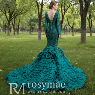 High-end Hunter Green Cascading Ruffles Prom Dress Long Sleeve