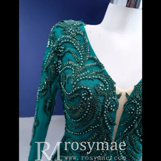 High-end Hunter Green Cascading Ruffles Prom Dress Long Sleeve
