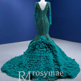 High-end Hunter Green Cascading Ruffles Prom Dress Long Sleeve