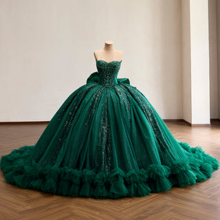 Sparkly Quinceañera Dress with Multi-Layered Back Bow & Voluminous Tiered Ruffles