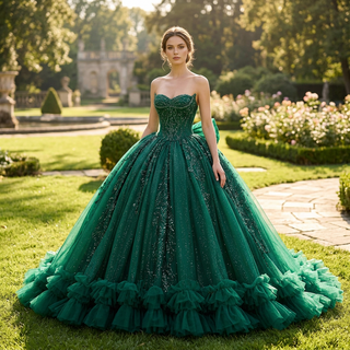 Vestido de quinceañera brillante con lazo trasero de varias capas y voluminosos volantes escalonados