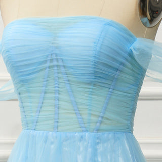 Sky Ruffle Skirt Blue Prom Dress with Ruched Corset Bodice & Off-Shoulder Tulle Swags