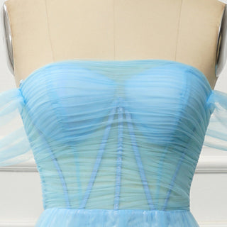 Sky Ruffle Skirt Blue Prom Dress with Ruched Corset Bodice & Off-Shoulder Tulle Swags
