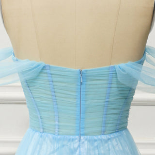 Sky Ruffle Skirt Blue Prom Dress with Ruched Corset Bodice & Off-Shoulder Tulle Swags