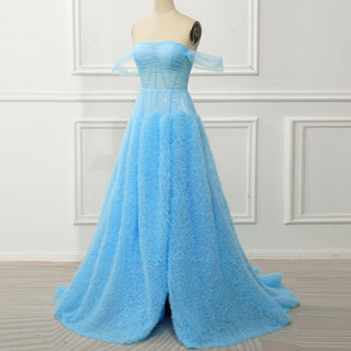 Sky Ruffle Skirt Blue Prom Dress with Ruched Corset Bodice & Off-Shoulder Tulle Swags