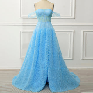 Sky Ruffle Skirt Blue Prom Dress with Ruched Corset Bodice & Off-Shoulder Tulle Swags