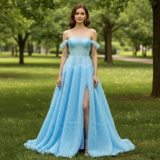 Sky Ruffle Skirt Blue Prom Dress with Ruched Corset Bodice & Off-Shoulder Tulle Swags