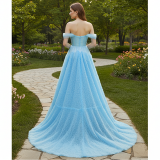 Sky Ruffle Skirt Blue Prom Dress with Ruched Corset Bodice & Off-Shoulder Tulle Swags