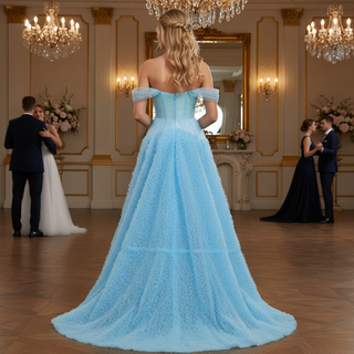 Sky Ruffle Skirt Blue Prom Dress with Ruched Corset Bodice & Off-Shoulder Tulle Swags