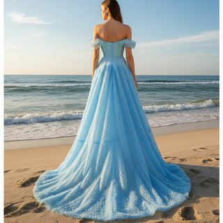 Sky Ruffle Skirt Blue Prom Dress with Ruched Corset Bodice & Off-Shoulder Tulle Swags
