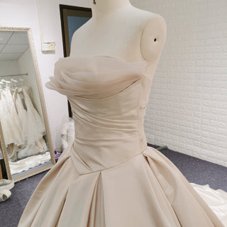 Ruffled & Tiered Neckline Champagne Wedding Dress with Long Train