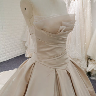 Ruffled & Tiered Neckline Champagne Wedding Dress with Long Train