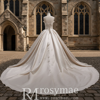 Champagne Satin Ball Gown Wedding Dress with Ruffle and Feather Neck