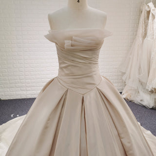 Ruffled & Tiered Neckline Champagne Wedding Dress with Long Train