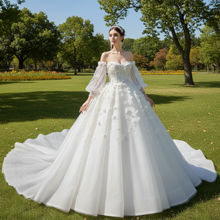 Gorgeous Puffy Ball Gown Wedding Dress with Detachable Long Sleeve