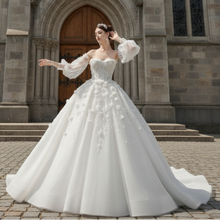 Gorgeous Puffy Ball Gown Wedding Dress with Detachable Long Sleeve