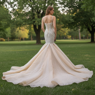 Luxury Beaded Trumpet Wedding Dresswith Spaghetti Strap Formal Gown