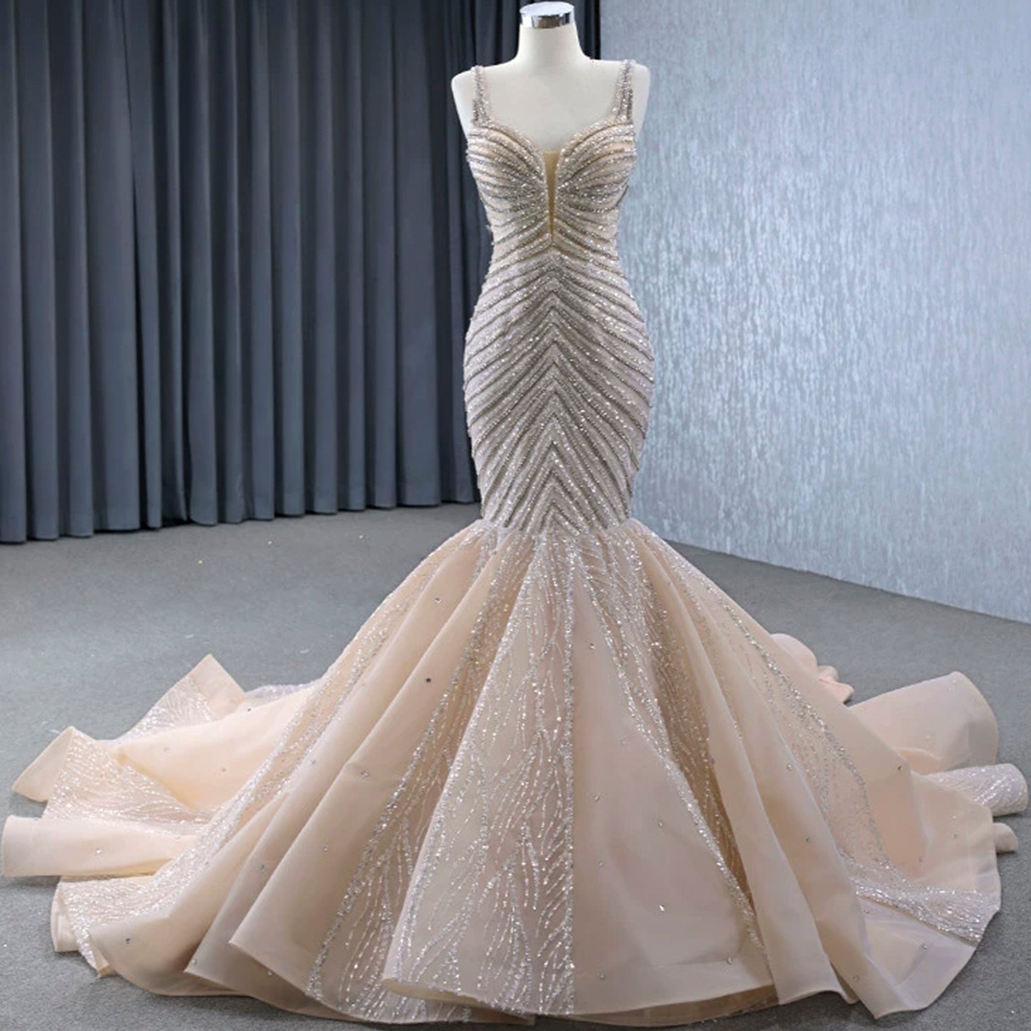 Luxury Beaded Trumpet Wedding Dresswith Spaghetti Strap Formal Gown Rosymae Luxury Beaded Trumpet Wedding Dresswith Spaghetti Strap Formal Gown Rosymae