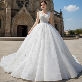 Gorgeous Beading Pearl Sequins Wedding Dress with Square Neck