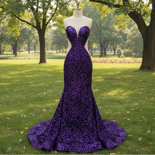 Unique Design Sheer Sweetheart Purple Evening Gowns With Sequins