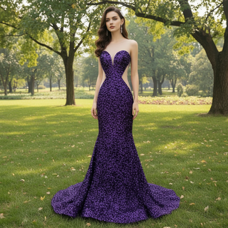 Unique Design Sheer Sweetheart Purple Evening Gowns With Sequins