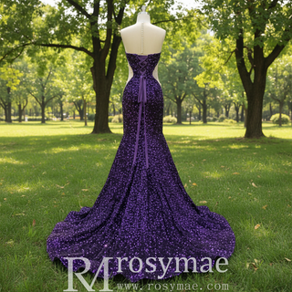 Unique Design Sheer Sweetheart Purple Evening Gowns With Sequins
