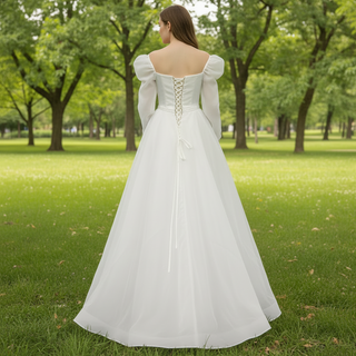 Off-The-Shoulder Long Lantern Sleeve Tulle Wedding Dress