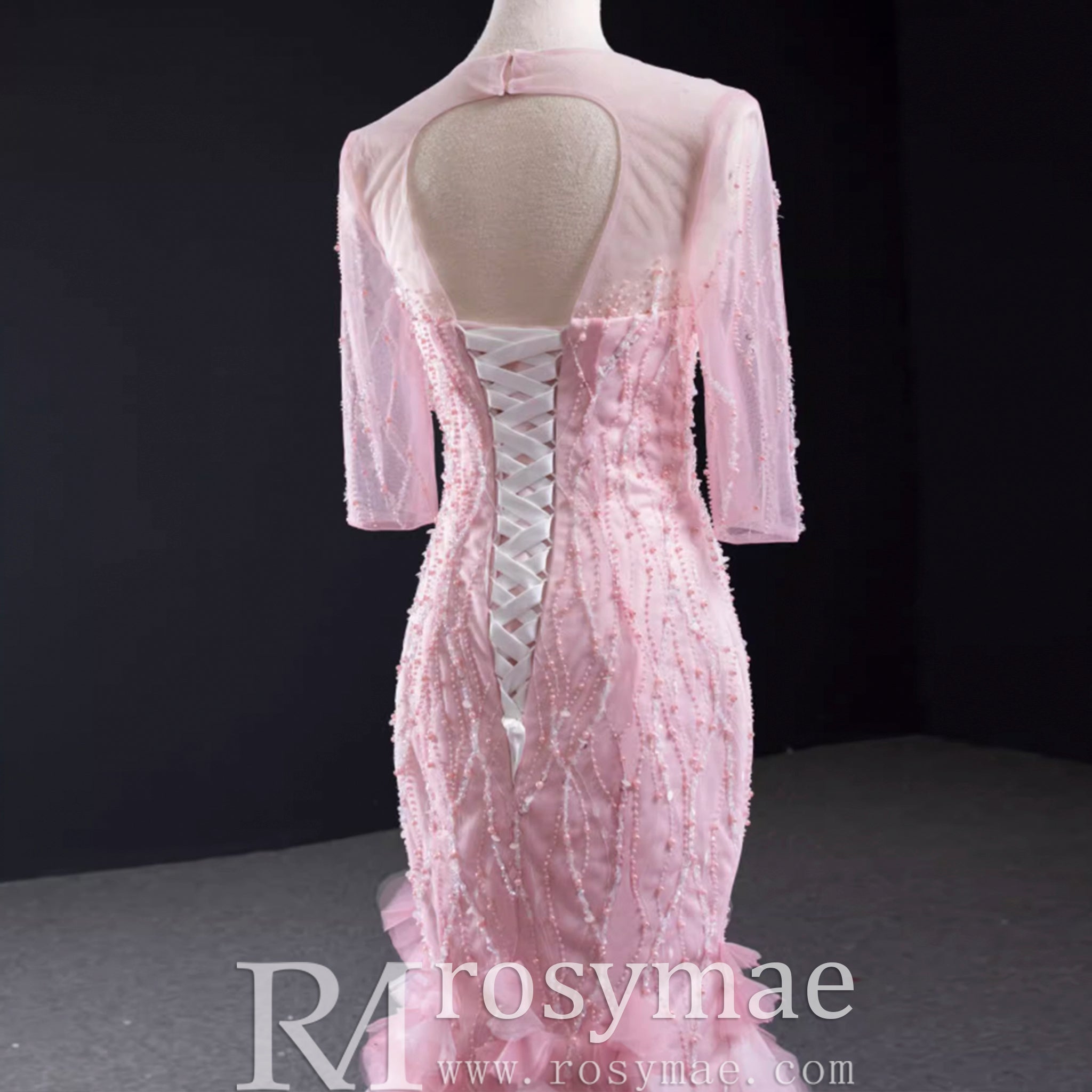 Pink Mermaid Long Sleeve Backless Beading Sequins Prom Dress Pink / 12 Pink Mermaid Long Sleeve Backless Beading Sequins Prom Dress Pink / 12