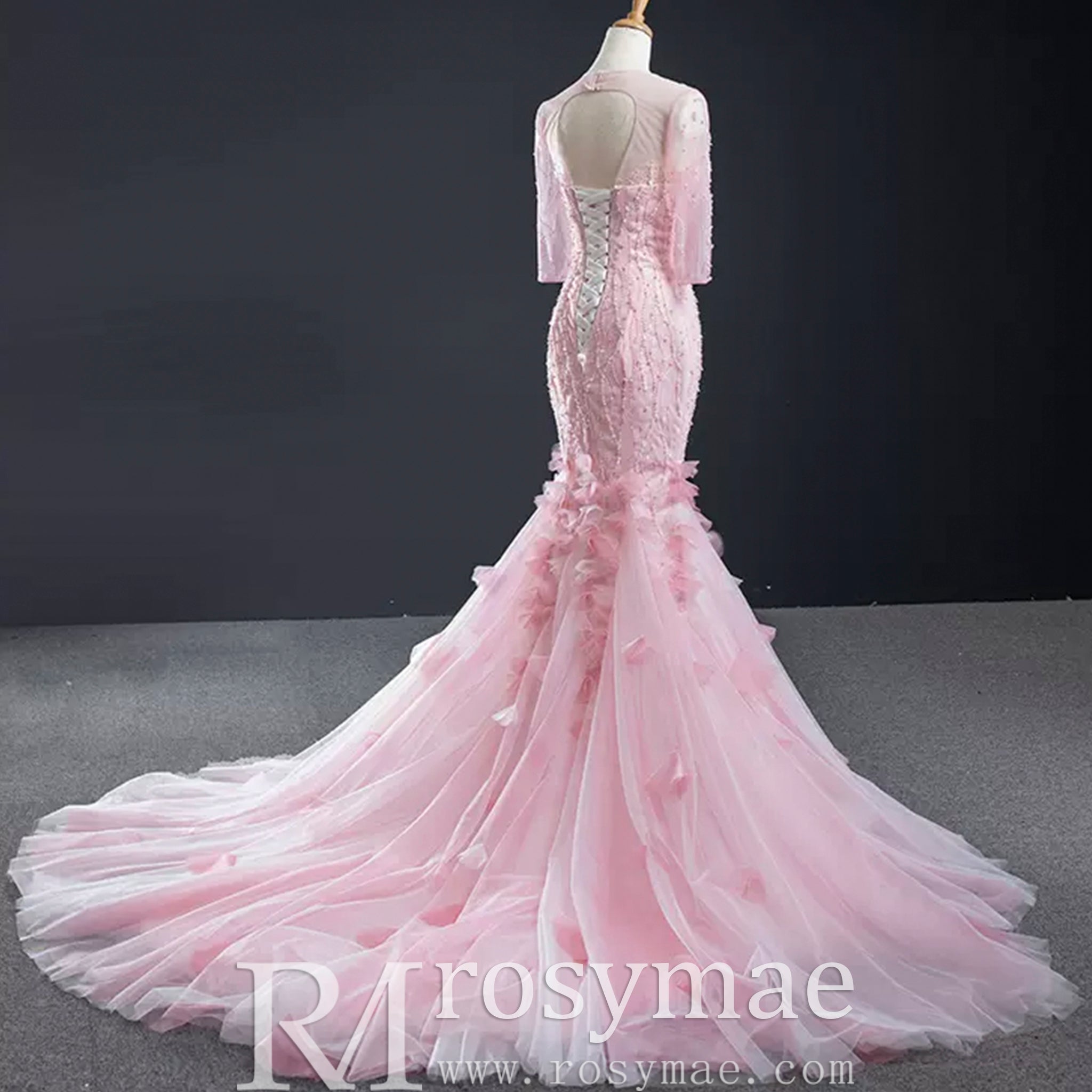 Pink Mermaid Long Sleeve Backless Beading Sequins Prom Dress Pink / 12 Pink Mermaid Long Sleeve Backless Beading Sequins Prom Dress Pink / 12