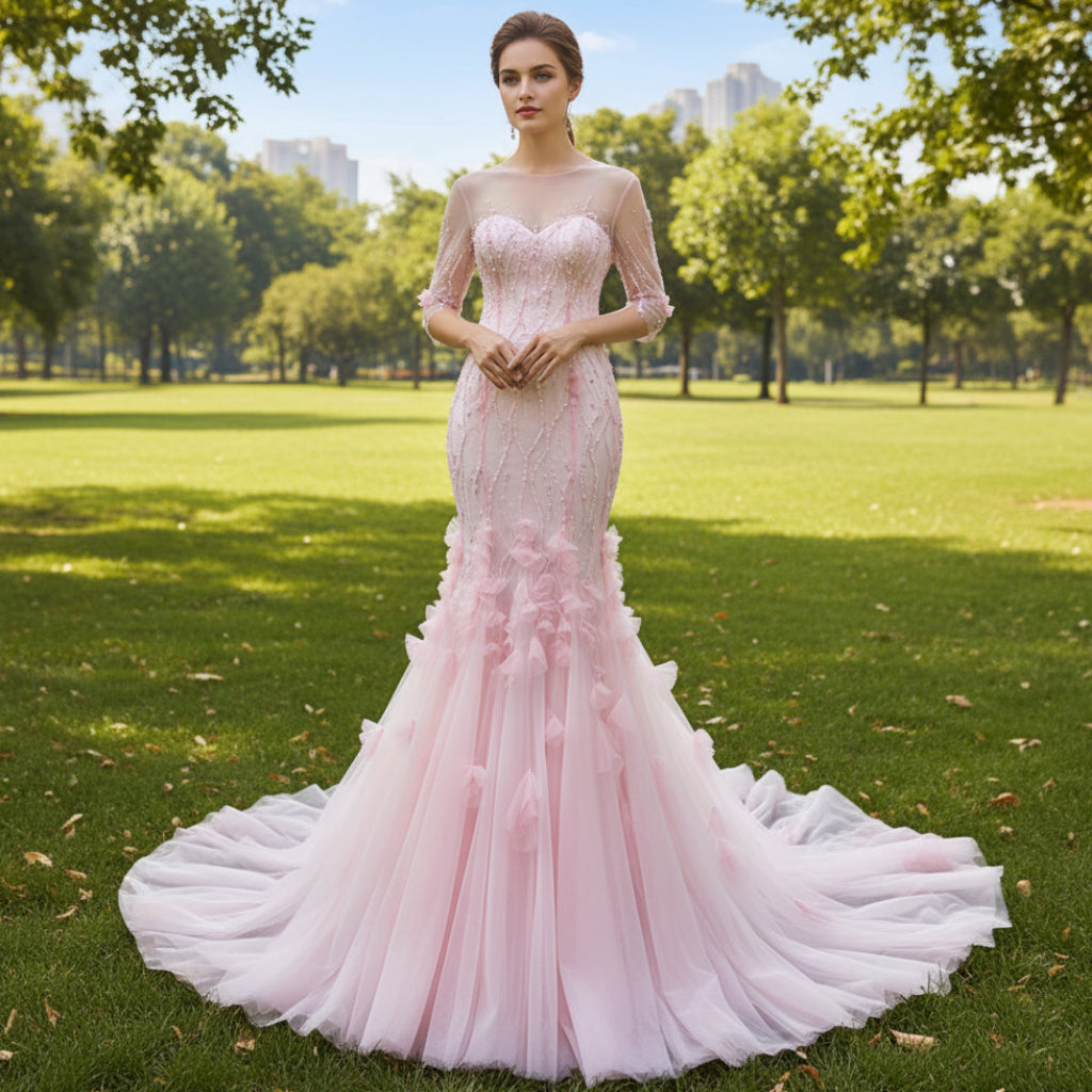 Robe de bal sirène rose à manches longues, dos nu, perles et