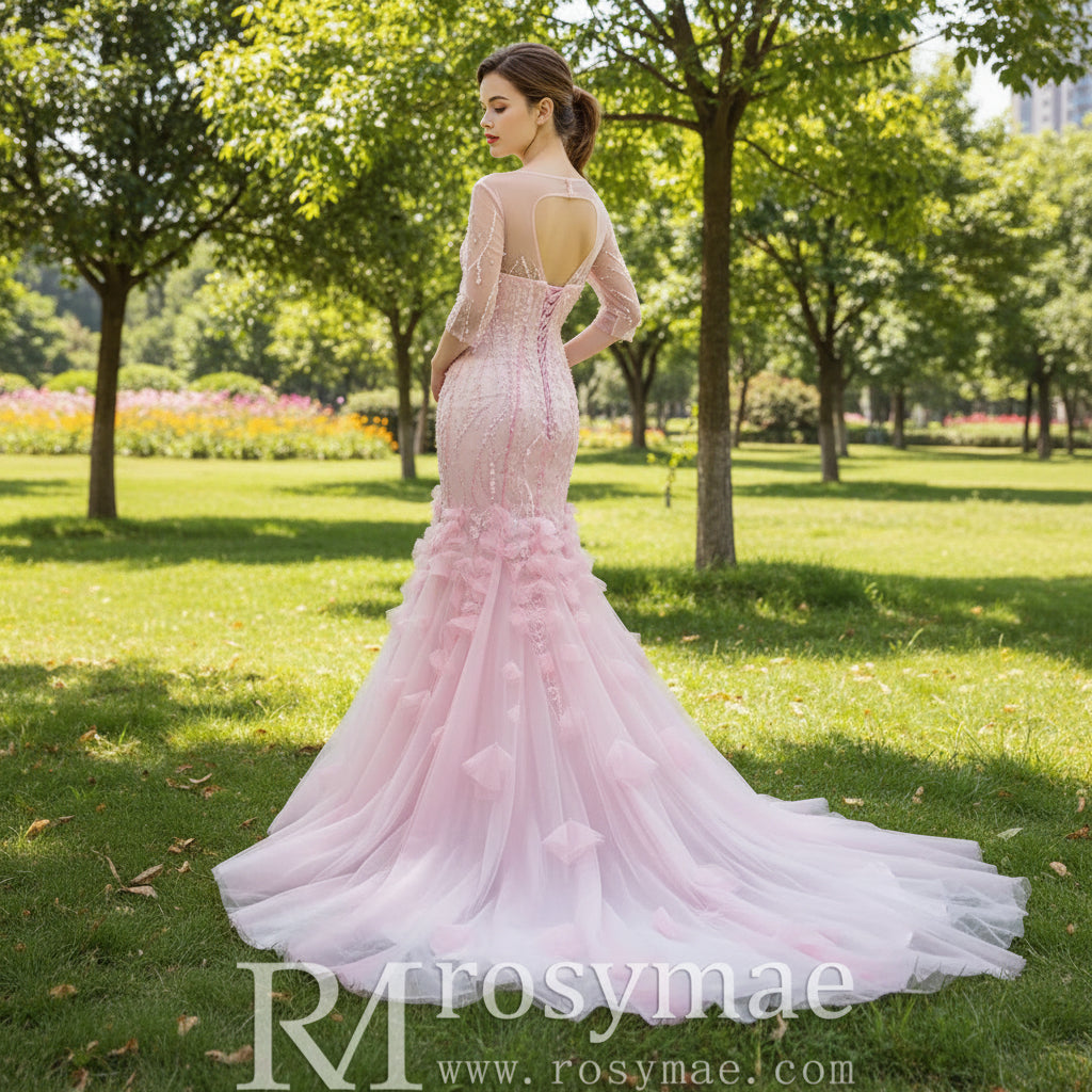 Pink Mermaid Long Sleeve Backless Beading Sequins Prom Dress Pink / 12 Pink Mermaid Long Sleeve Backless Beading Sequins Prom Dress Pink / 12