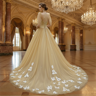 Fairy Champagne Gold Tulle Formal Gown with White Floral Appliqués & Butterfly Lace Motifs