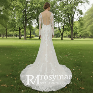 Modest Lace Bridal Gowns Long Sleeve Champagne Wedding Dress