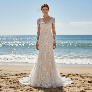 Modest Lace Bridal Gowns Long Sleeve Champagne Wedding Dress