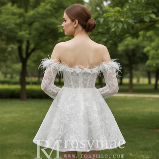 Bohemian Glamour Fairytale-Inspired Off- Shoulder Mini Wedding Dress with Feather Trim
