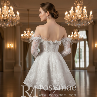 Bohemian Glamour Fairytale-Inspired Off- Shoulder Mini Wedding Dress with Feather Trim